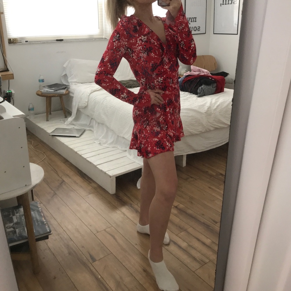 Red floral wrap dress